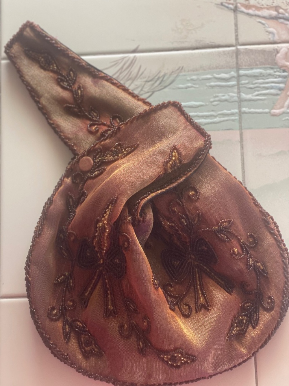 Vintage beaded 100% silk Free Peole handbag bronze rustic unique